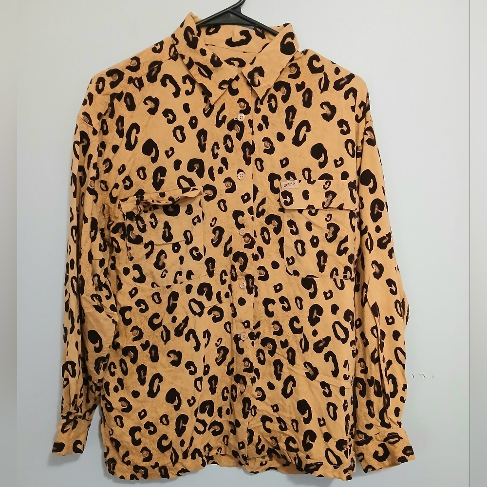 Guess Tan and Black Leopard Print Button-Down Shirt